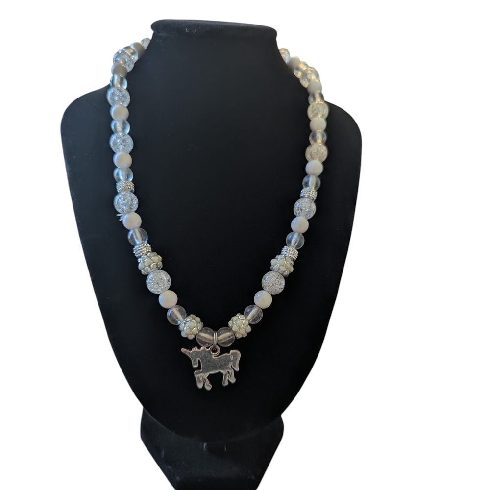 Elegant Silver Beaded Necklace with Unicorn Charm